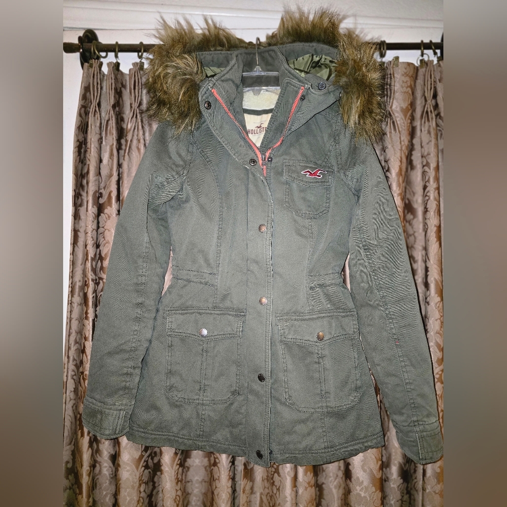 VTG Y2K Hollister Faux Hoodie Heavy Jacket Full-Zip “Olive” SZ Xs Juniors